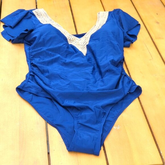Luvly One Blue & Gold Delphine V-Neck Swimsuit with Lace Trim - Size XL NWT - Picture 3 of 5